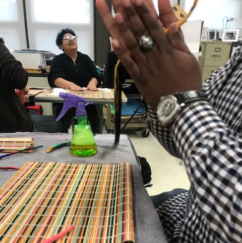 LaVerne Kemp weaving at Ambridge Area Middle School 2019