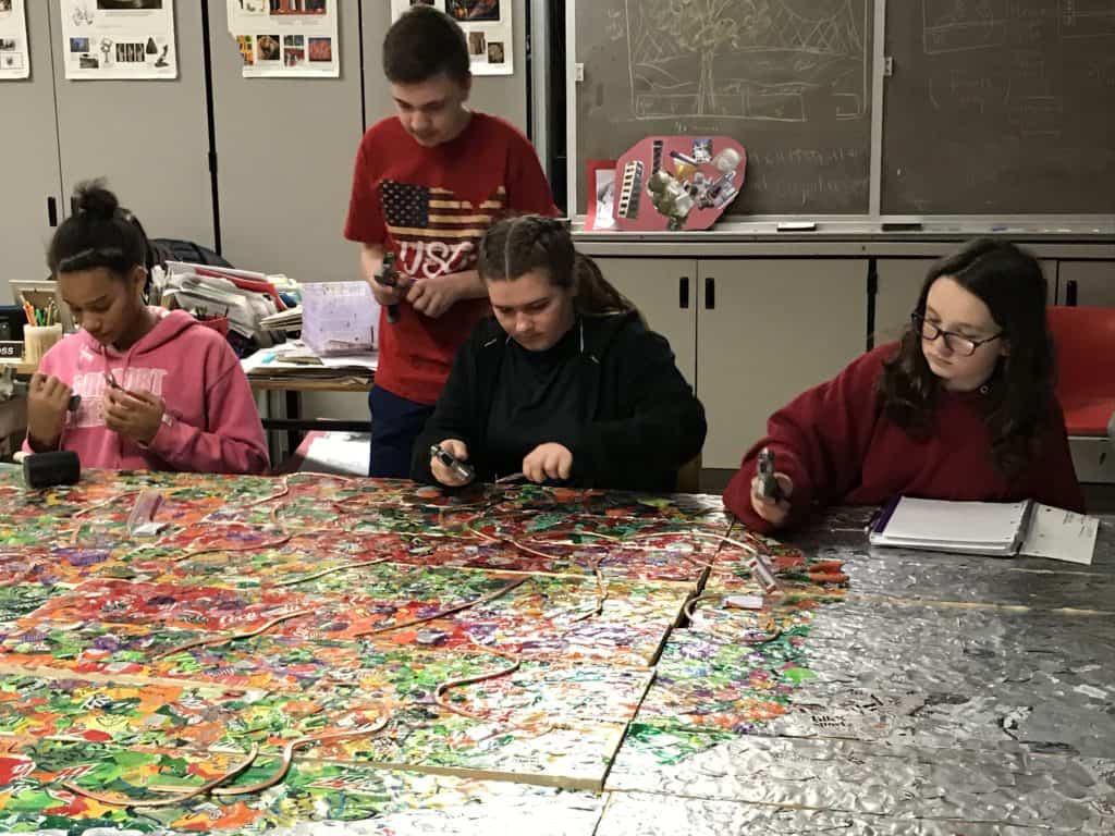 Lindsay Huff aluminum can mural at Ambridge Area Middle School 2018